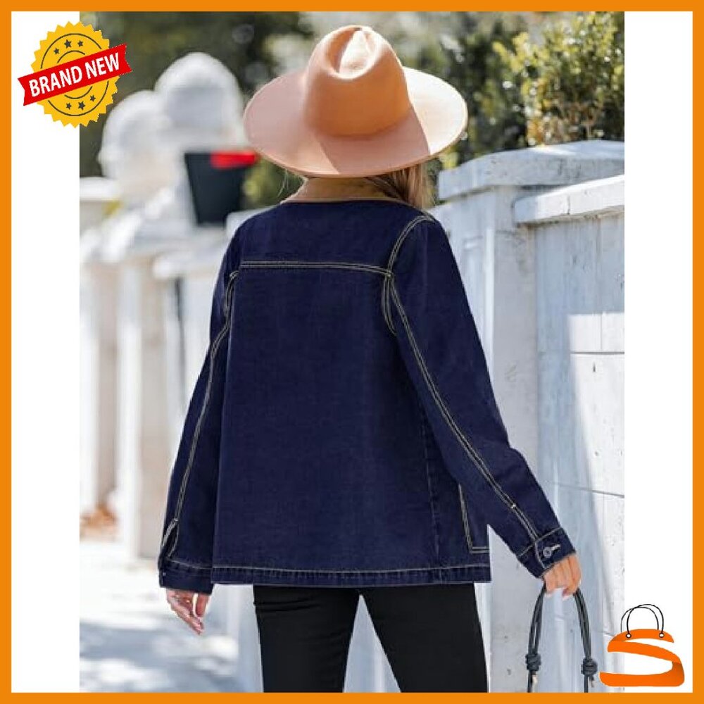 Oversized Denim Jacket with Corduroy Collar, Loose Fit, Button Front, Pockets - Picture 5 of 8